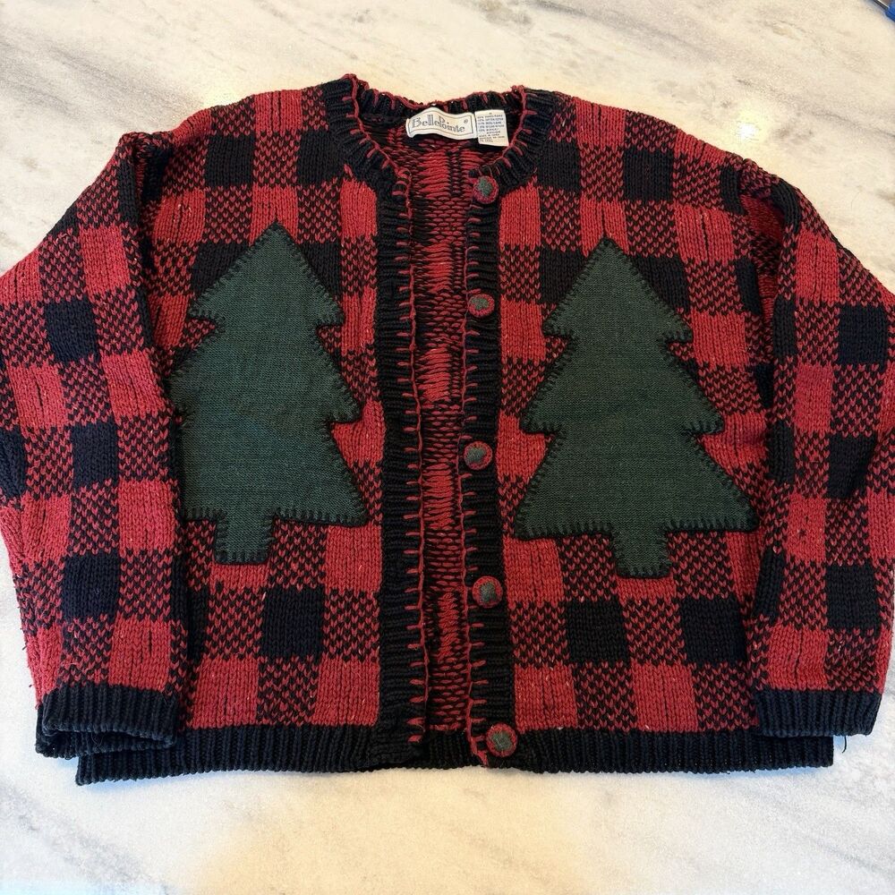 Vintage 90s Belle Pointe Christmas Sweater Trees On Buffalo Check Women's Size S